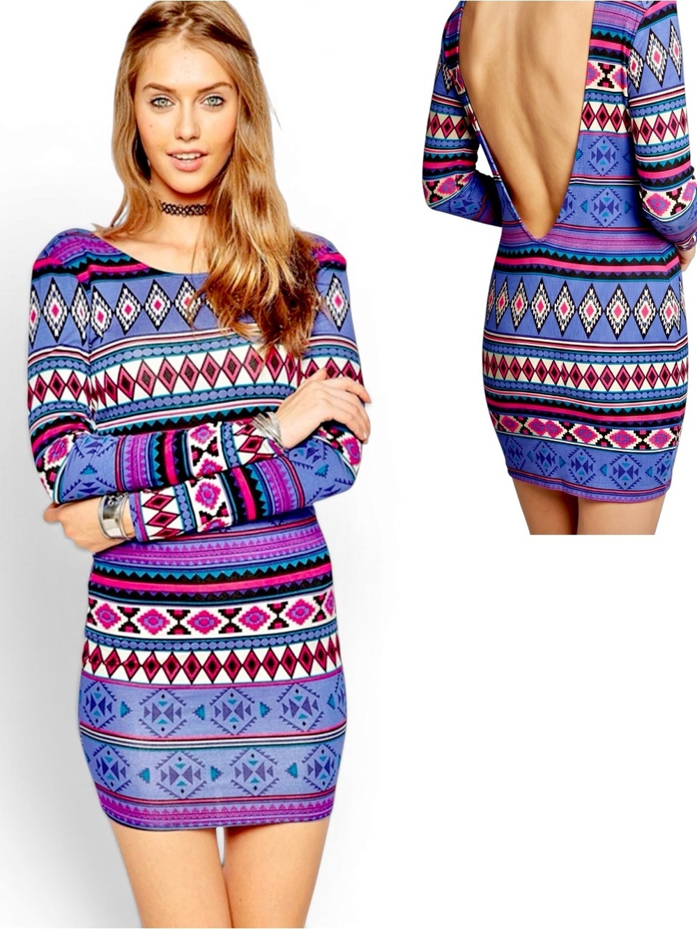 ASOS Purple Aztec-Print Long Sleeve Mini Bodycon Dress